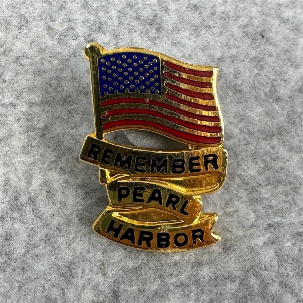 Vintage Remember Pearl Harbor USA Flag Enamel Lapel Pin Patriotic Gold Tone